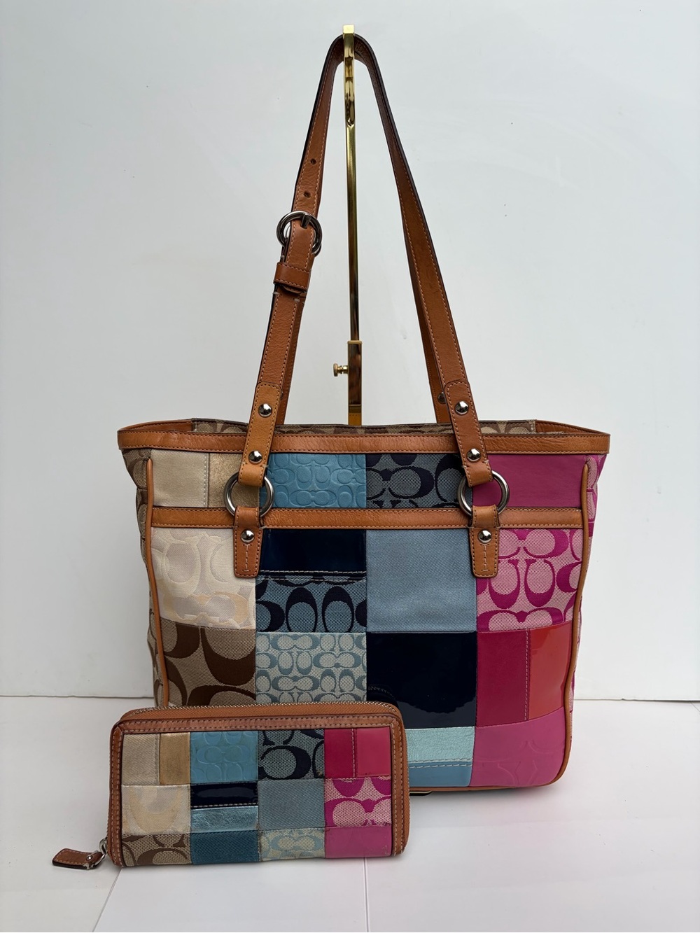 Coach Patchwork Tote Bag Wallet Set Multicolor Signature Y2K Vintage F14653